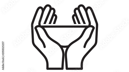 Hands Cupped Together Forming a Bowl Shape, Black and White Line Art Illustration Featuring Holding, Gesture, Symbol with Unity and Togetherness