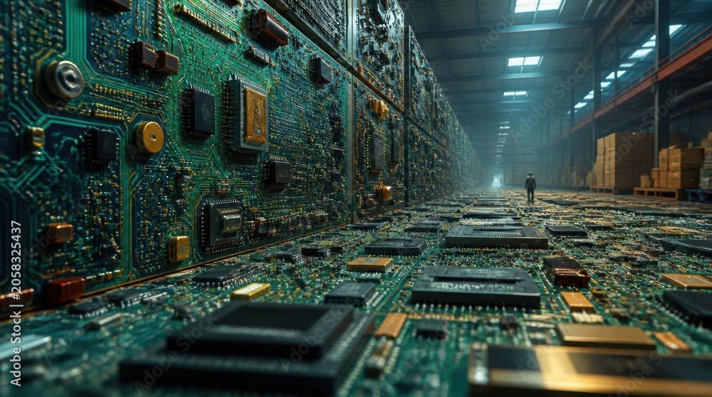 Fototapeta premium Vast computer circuit board extending into a large warehouse, representing technology and data infrastructure.