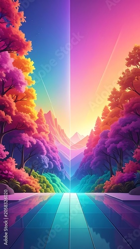 A vibrant digital artwork depicting a road with colorful trees