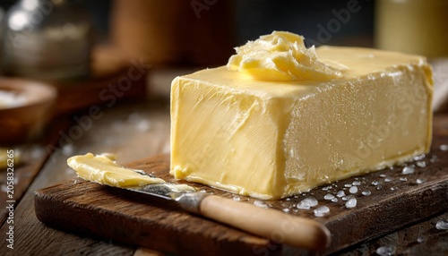 Creamy block of butter on a wooden board with sea salt crystals, ingredient