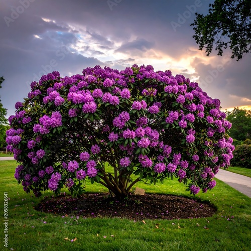A vibrant purple flowering tree stands in a well-manicured lawn with a pathway and cloudy sky background