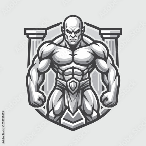 Muscular Gladiator Warrior Standing Shield Badge Vector Illustration