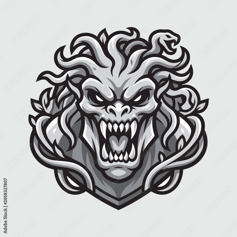 Obraz premium Monster Snake Dragon Head with Open Mouth Circle Badge Dark Vector