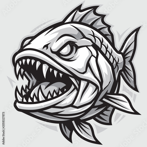 Piranha Fish with Sharp Teeth Open Mouth Dark Vintage Vector Illustration