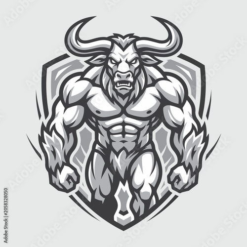 Bull Minotaur God Muscular with Horns Shield Badge Dark Vector Illustration