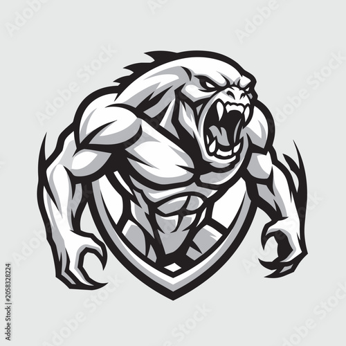 Muscular Werewolf Roaring Action Pose Shield Badge Dark Vector Illustration