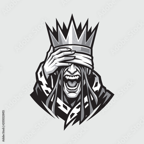 Blindfolded Skull King with Crown Dark Horror Vector Illustration