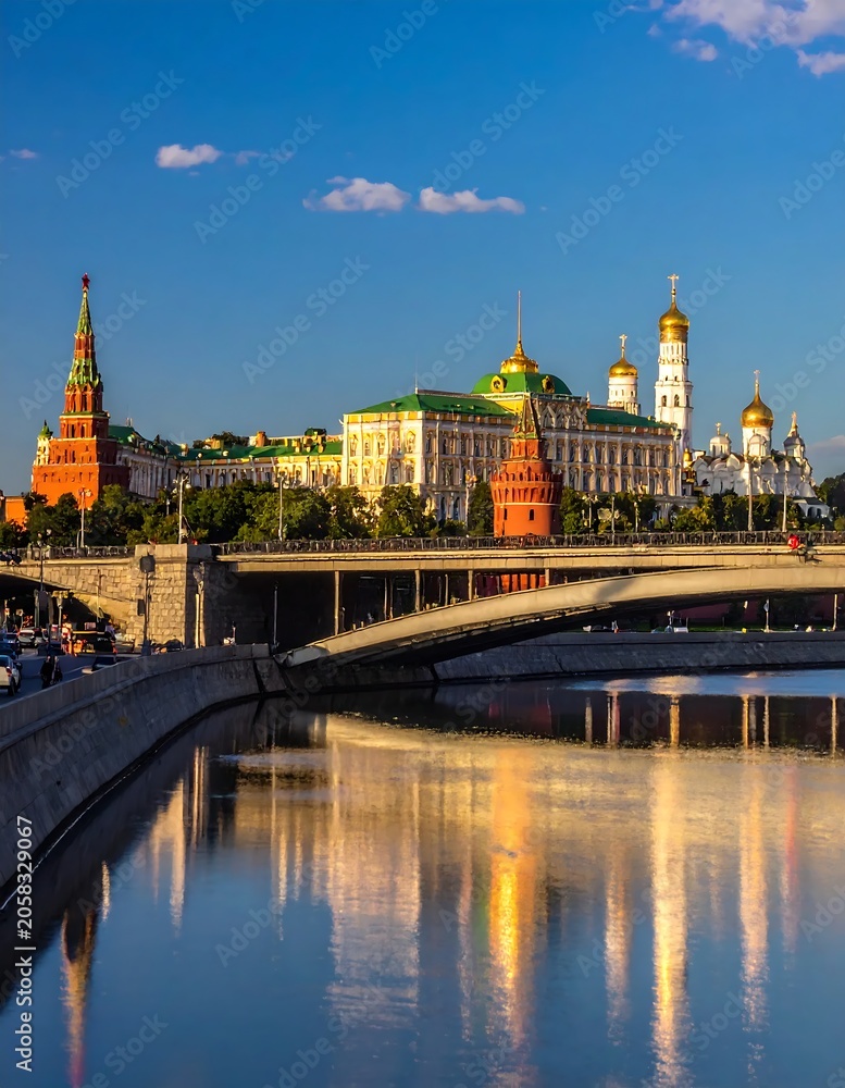 Obraz premium Golden domed Russian cathedral by river at sunset.