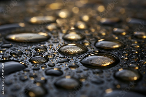Macro view of water droplets on a reflective surface with soft light, detailed texture and abstract background suitable for design, advertising and commercial projects.