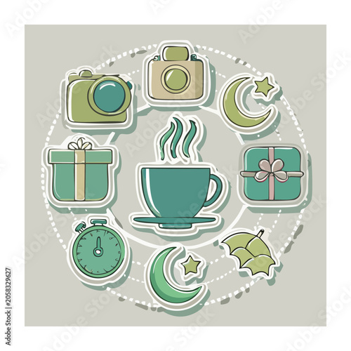 Flat design sticker set with camera, coffee, and gifts