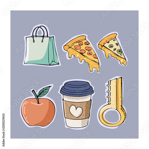 Flat design sticker set with food and objects