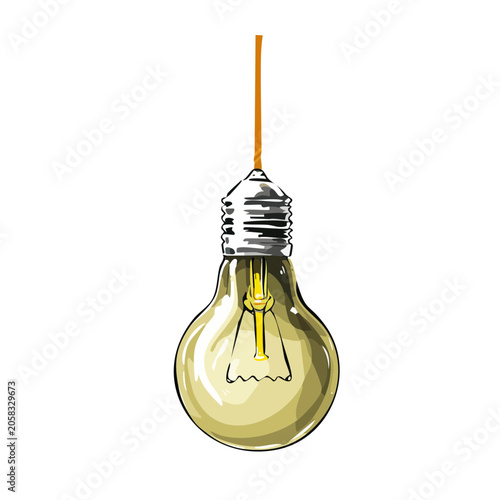 Hanging light bulb illustration with glowing filament