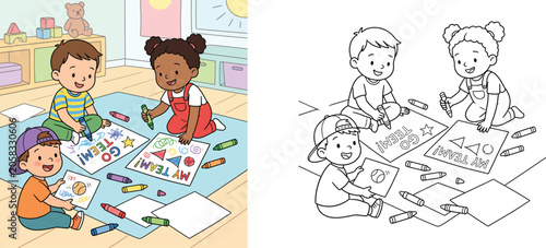 Photos Children drawing support posters coloring page and colored vector illustration s