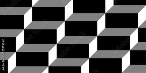 Seamless abstract geometric pattern featuring a black, white, and grey 3D optical illusion of repeating stair steps.