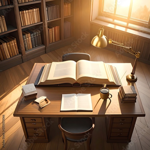 A well-lit office desk with books and lamp