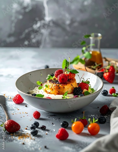 A vibrant dish of yogurt, fresh berries, and greens on a table