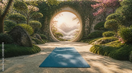 A tranquil East Asian garden setting with a yoga mat, circular gate, and mountains.