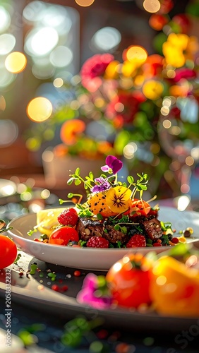 A vibrant dish with colorful vegetables and flowers on a table
