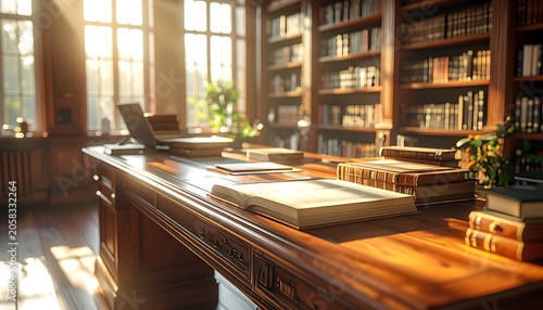 A well-lit, spacious library with a large wooden desk and books