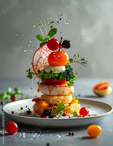 A vibrant dish with stacked ingredients and garnishes