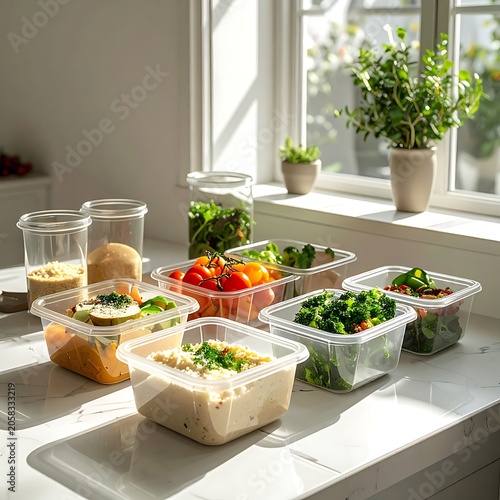 A well-organized kitchen counter with clear containers of food