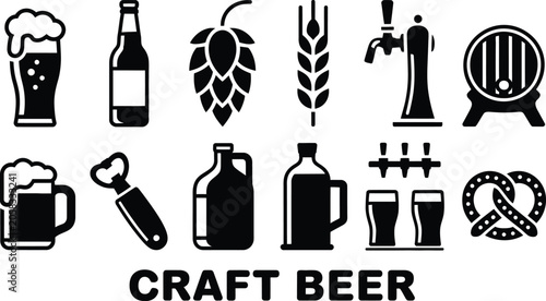 Craft beer icons set includes beer mugs, bottle, hops, wheat, and tap.