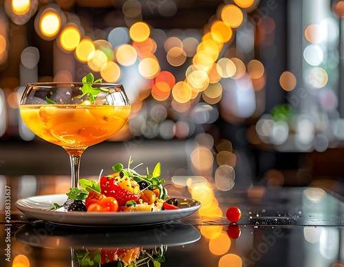 A vibrant drink and salad on a reflective table with a bokeh background