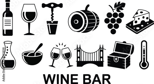 Set of minimalist black icons representing beverage culture and snacks.