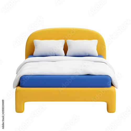 Modern yellow bed with blue mattress and white pillows furniture icon for bedroom interior design 3d render isolated on transparent background