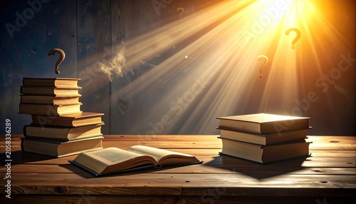 Sunlit books on a table, with floating question marks and ethereal rays