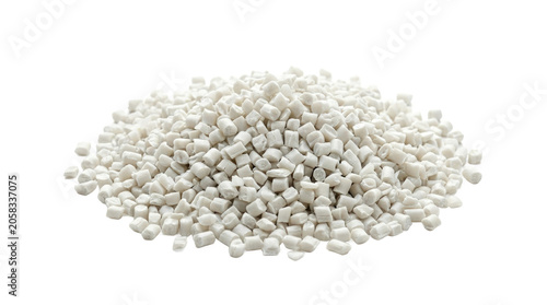 Pile of small white plastic resin pellets or granules isolated on a white background, for industrial manufacturing, and polymer production