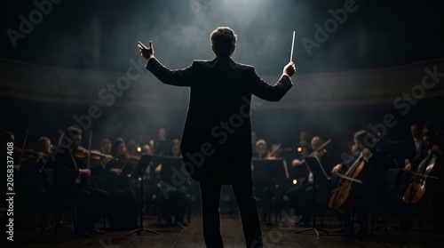Conductor directing an orchestra with a white baton in a studio with a dark backdrop.