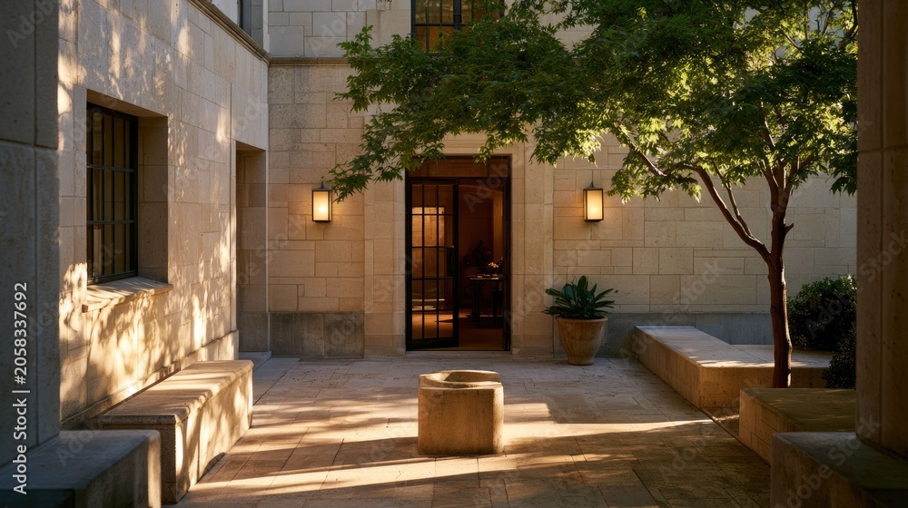 Fototapeta premium Modern Courtyard Entrance with Glass Door, Trees, and Sunlight Shadows