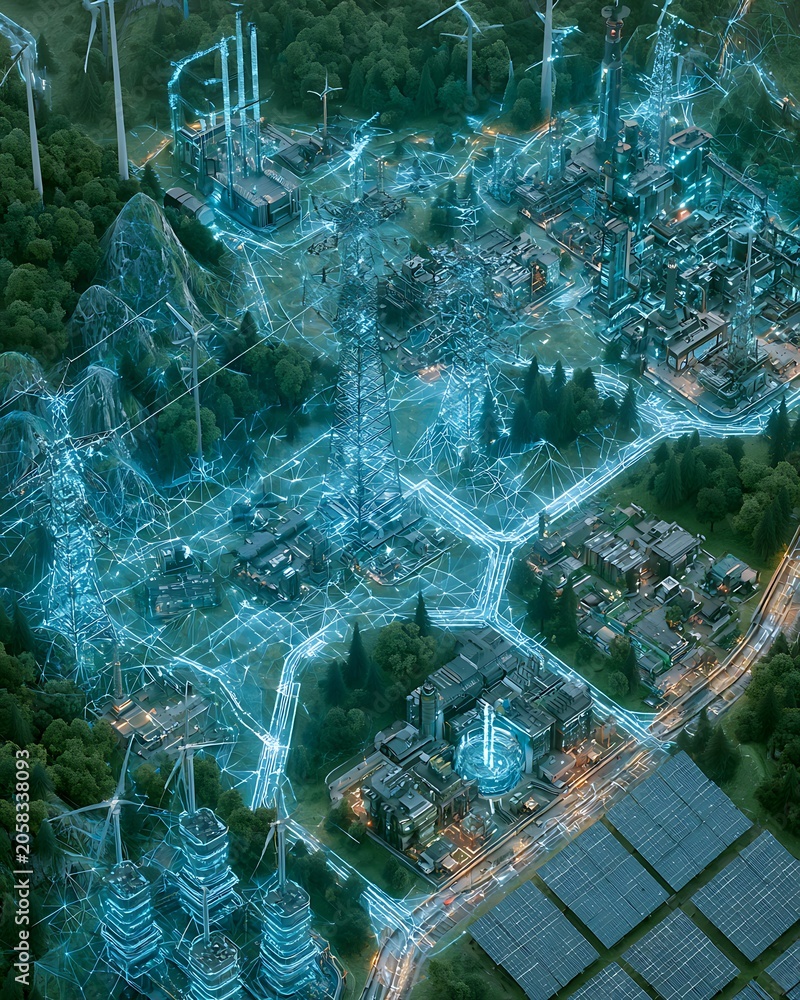 Naklejka premium Artificial intelligence energy monitoring network, glowing infrastructure connected through digital pathways