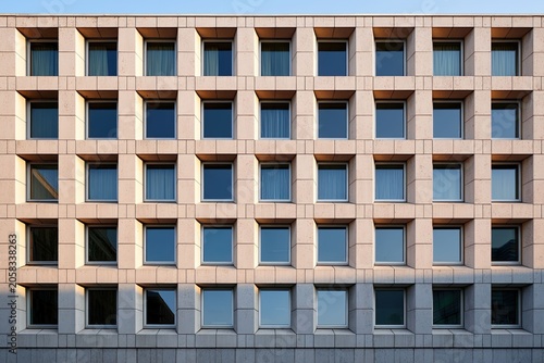 Modern multi-story office building with uniform window arrangement and beige facade