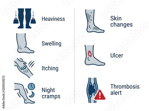 Medical infographic illustrating symptoms of venous insufficiency with icons and text descriptions