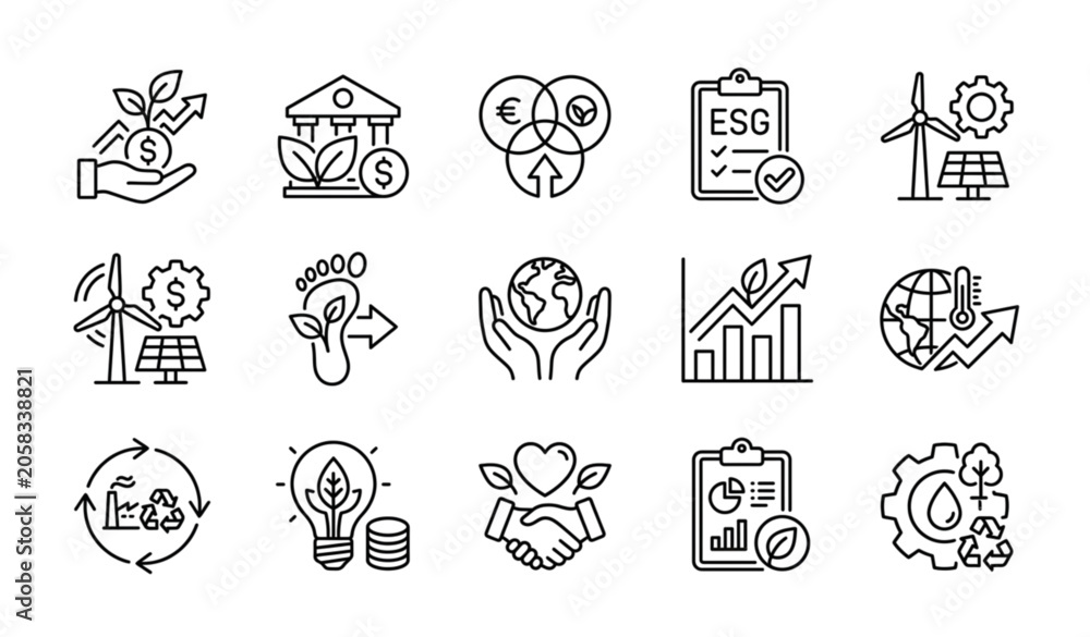 Fototapeta premium Minimalist Eco Finance Line Icons Featuring Green Investment Sustainability and Environmental Business Concepts