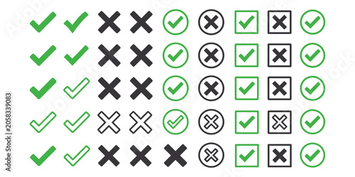 Foto Checkmark and cross mark icon set with green ticks and black x marks for checkli