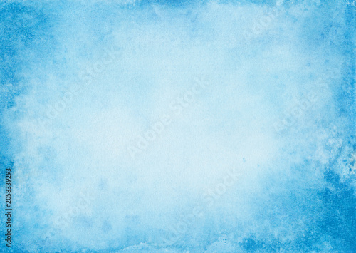 Abstract cerulean and sky blue watercolor backdrop with soft center copy space