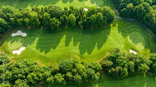A wide aerial view showing a manicured golf course with trees and green grass.