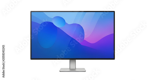 Modern desktop computer monitor with a colorful abstract digital screen display on a simple metal stand isolated on transparent background