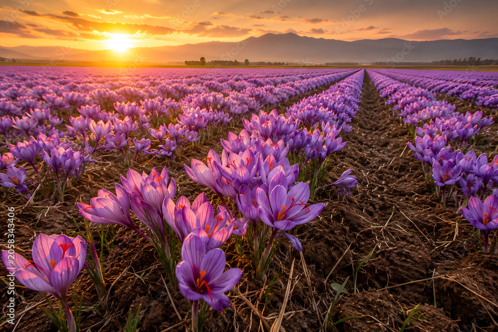 Obraz premium Premium Saffron Crocus Flower Farm with Vibrant Purple Blossoms in Sustainable Agricultural Landscape