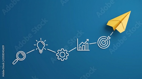 Yellow paper airplane symbolizing growth and success takes flight from a target, representing strategic planning and innovative business solutions.