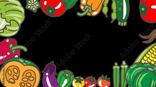 Looping Summer Vegetable Circular Frame Animation, Swaying Fresh Produce Border, Alpha Channel