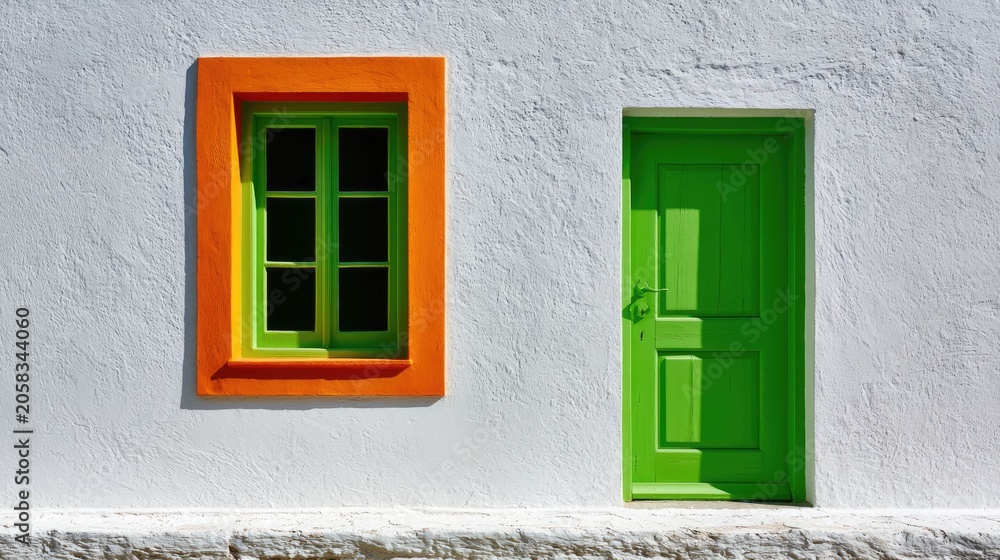 Fototapeta premium White wall with colorful window and green door in vibrant house exterior