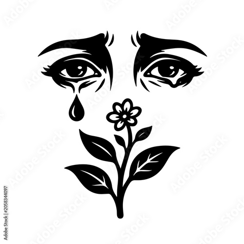 Conceptual vector icon of a sad eye dropping a single tear that blooms into a small growing plant, symbolizing hope and rebirth from sorrow