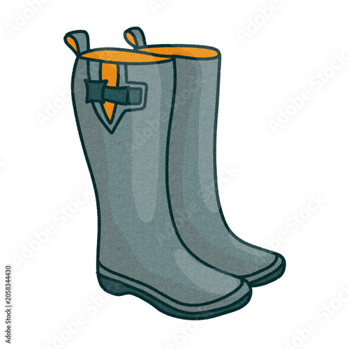 Rubber Rain Boots. Autumn Rainy Season Hand Drawn Illustrationrain boots, rubber boots, wellington boots, autumn boots, rain footwear, rainy season, autumn, fall season, waterproof boots, gardening bo