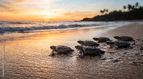 Baby sea turtles making their way along the wet sand at sunset.