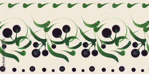 Floral vector seamless border pattern from blueberry and green leaves on a beige background