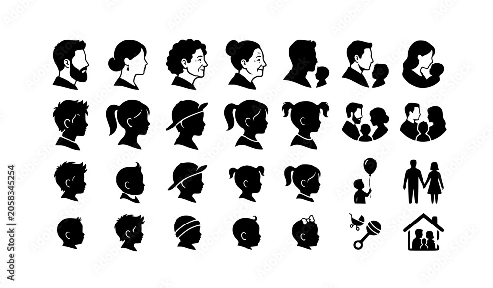Obraz premium Parenting and family profile icons with adult and child silhouettes